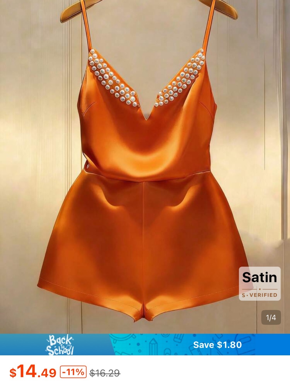 SHEIN Orange Satin Pearl-Trim Romper Shorts